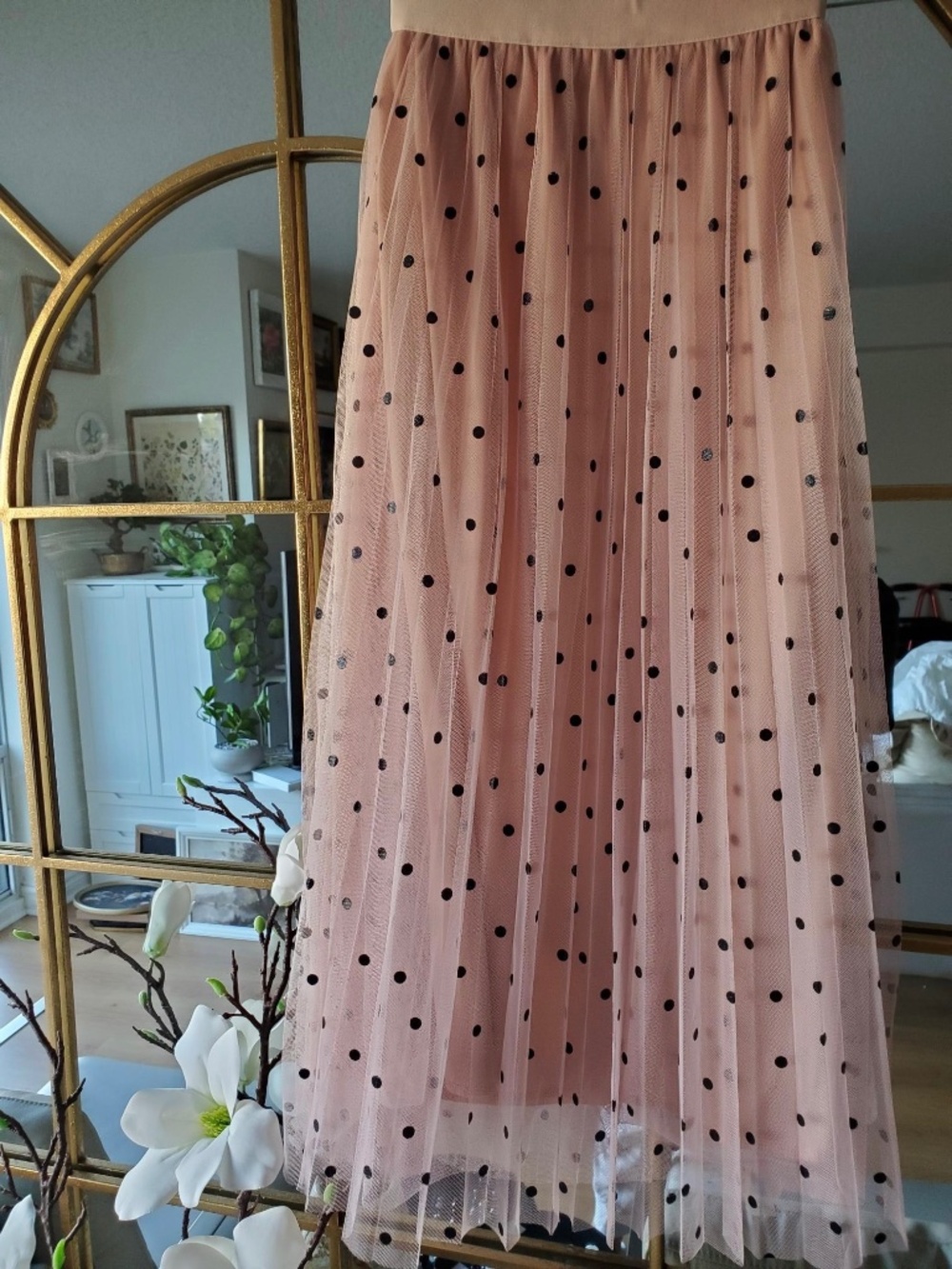 Verte Blush Pink Pleated Tulle Polka Dot Midi Skirt NWOT, Size S/M